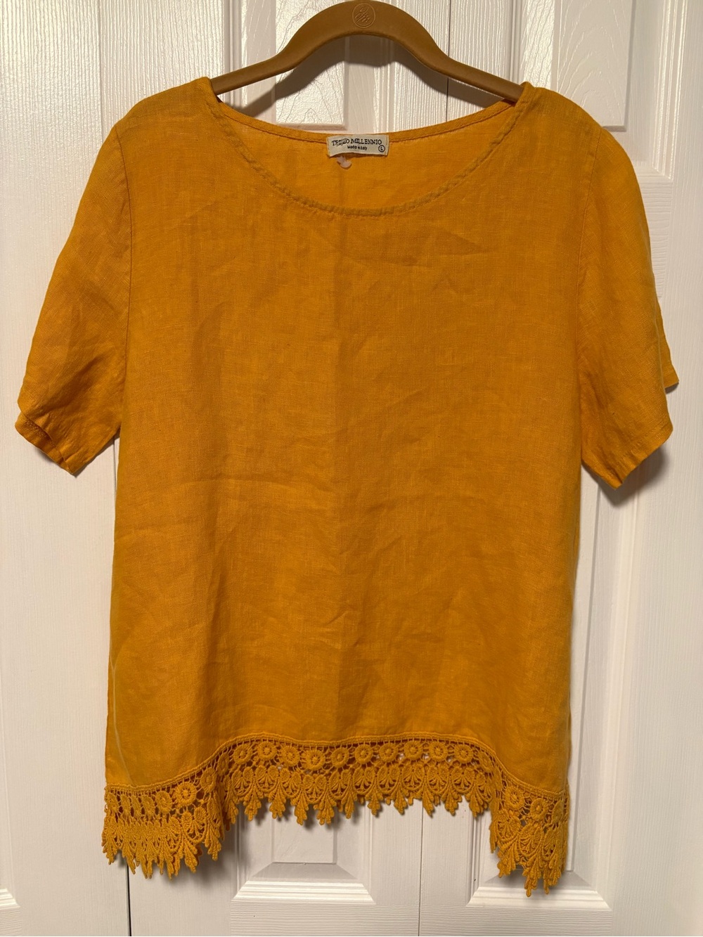 Terzo Millennio 100% Linen Crochet-Hem Short Sleeve Blouse - Made in Italy